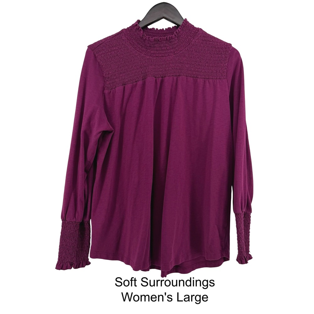 Soft Surroundings Womens Large Purple Magenta Smocked High Neck Top Women Large